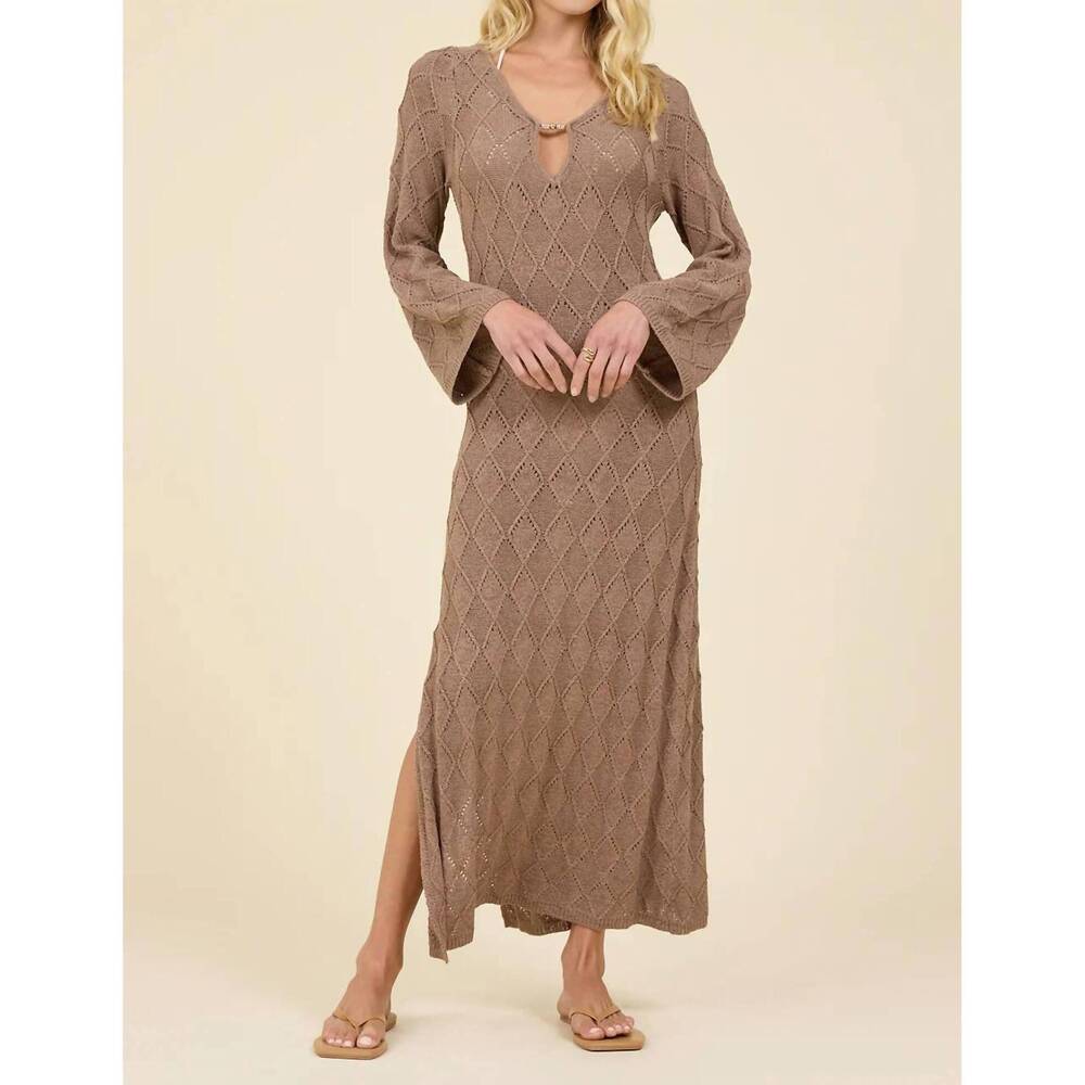 NEW SURF GYPSY plunge diamond knit midi dress in cocoa